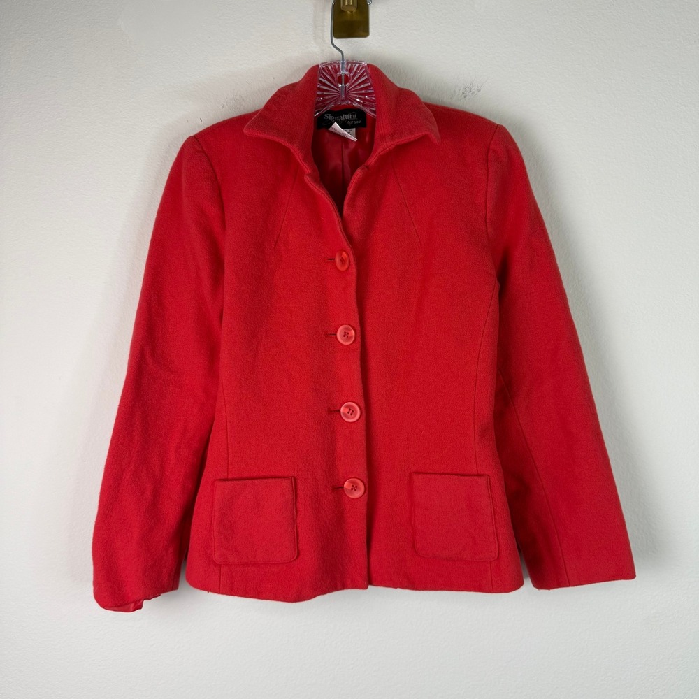 Signature For You Jacket Women 6 Red Wool Blend Cashmere Button Up Patch Pocket